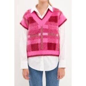 English Factory Womens Pink Plaid Sleeveless Sweater‎ Vest Sz XS NWT